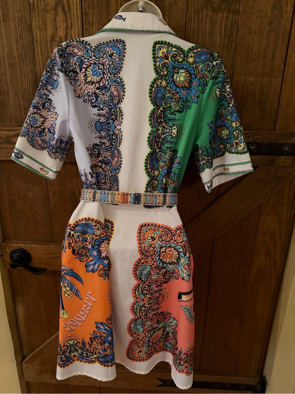 Printed Short Sleeve Shirt Dress in White, Green & Orange
